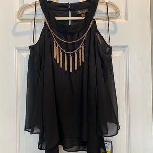 Thalia Sodi Black Chiffon Blouse with Gold Chain Detail